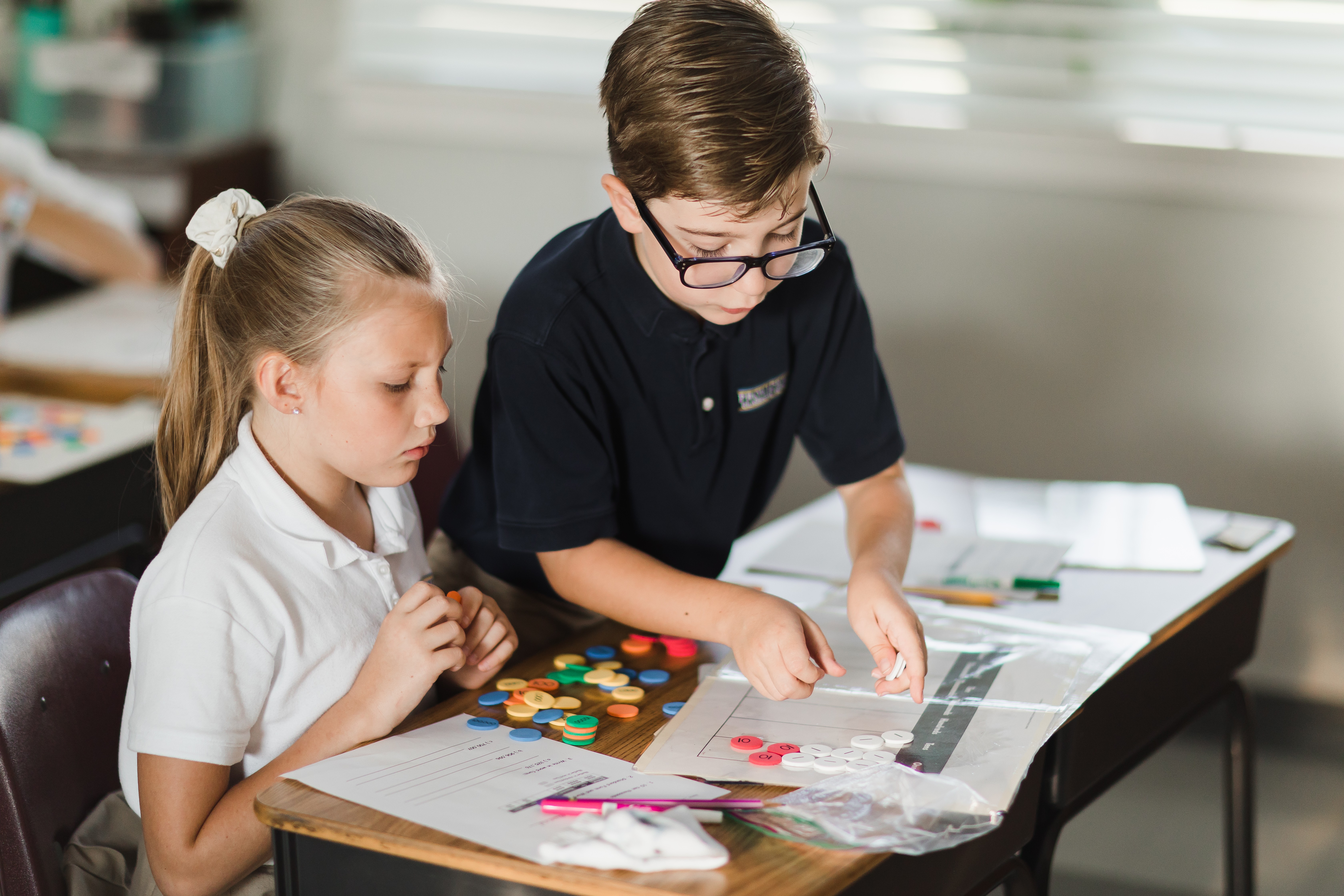 Providence Classical School students using math manipulatives to learn new concepts