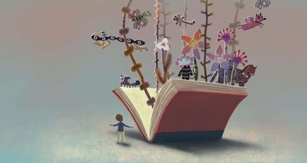 Fantasy 3d illustration of kid, book, learning, adventure, education, freedom, inspiration and dream.