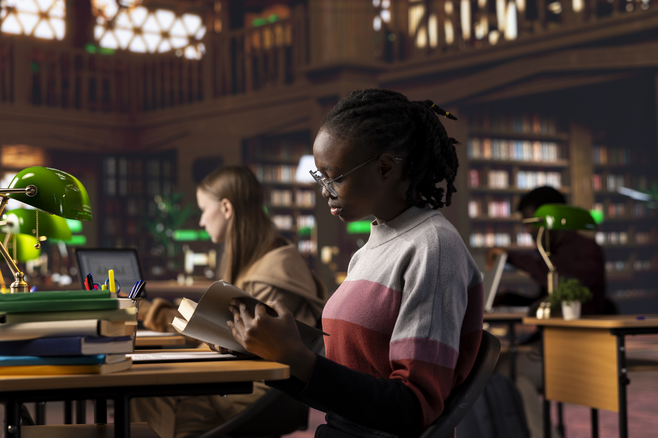 Female college student studying in a classical style library