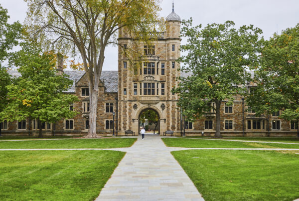 Gothic University Building, Lush Campus Pathway, Autumn Leaves